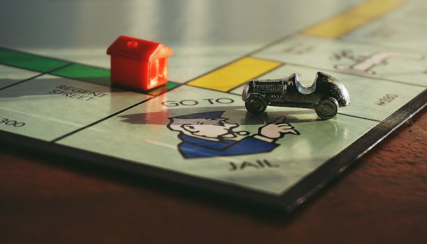 Close-up shot of a Monopoly board game featuring a toy car and a red house on 'Go to Jail'.