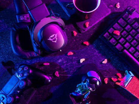 Colorful flat lay of gaming gear including headset, controller, and keyboard under vibrant lighting.